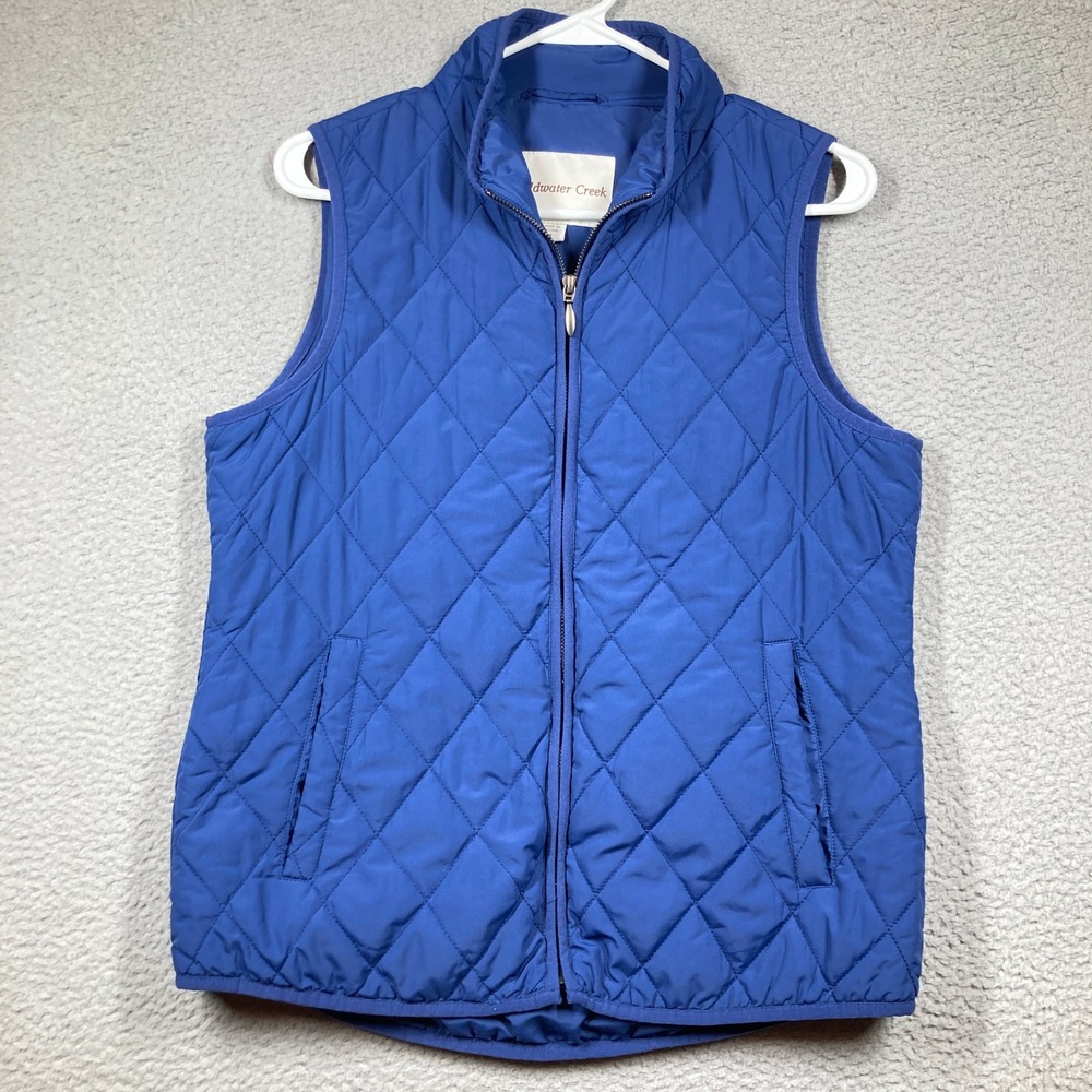 Coldwater Creek Quilted Vest Women Small Blue Diamond Stitch Full Zip Mock Neck